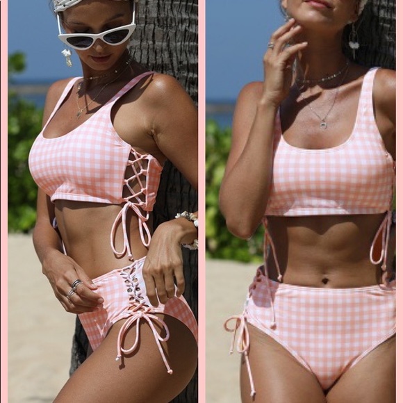 Retro Pink Plaid Lace Up Bikini - Picture 2 of 6